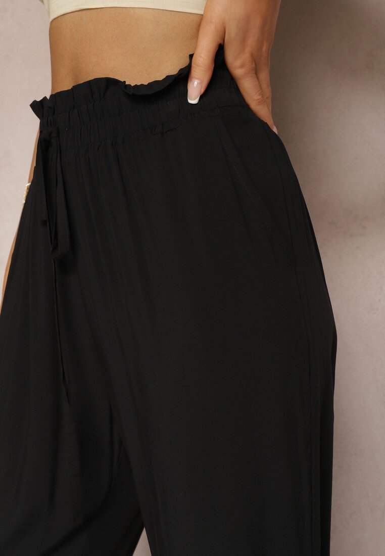 Czarne Spodnie z Bawełny Typu Paper Bag High Waist z Gumką w Talii Kitanea