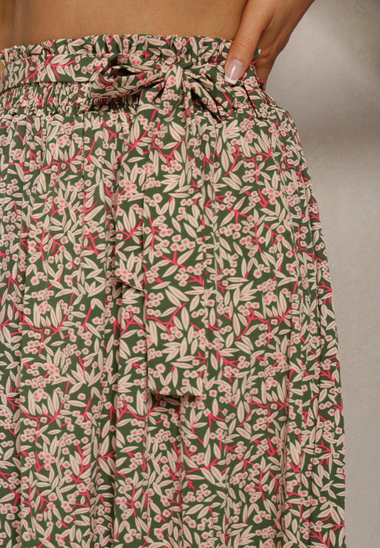 Zielono-Różowe Plisowane Spodnie Szwedy High Waist z Materiałowym Paskiem i Gumką w Talii Isefia