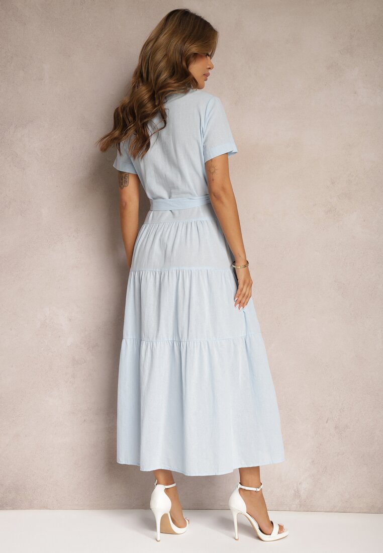 Rochie Albastră Cloș Bluză Bumbac Cu Curea Arosofia