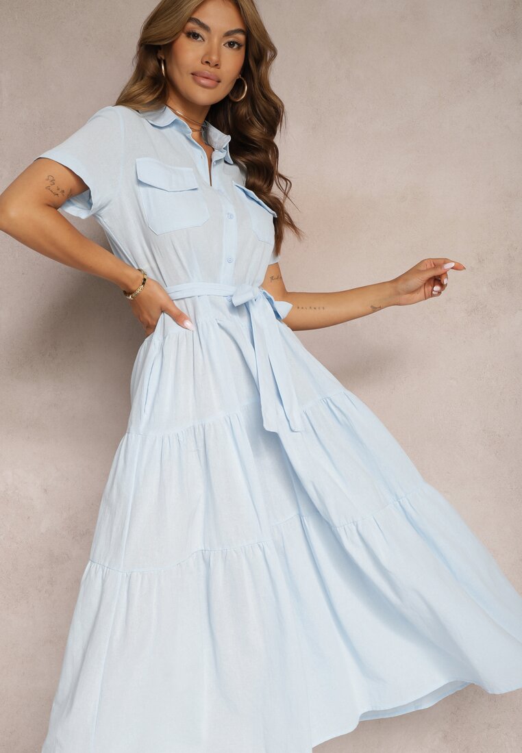 Rochie Albastră Cloș Bluză Bumbac Cu Curea Arosofia