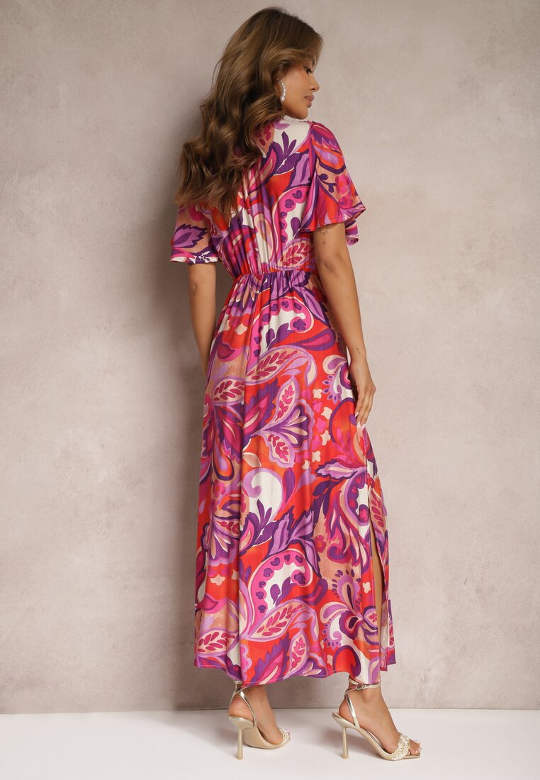 Rochie Violet-Roz din Viscoză cu Croi Clos cu Nod Decorativ și Mâneci Lărgi Janamla