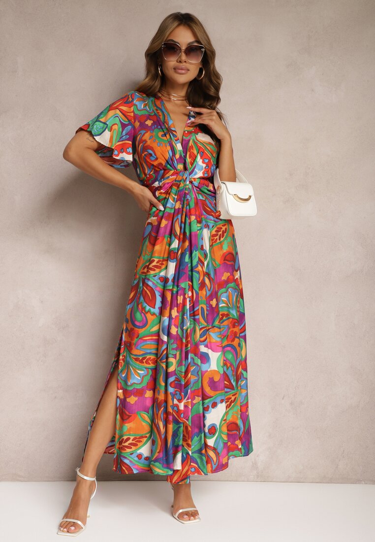 Rochie Verde-Violet din Viscoză cu Croi Clos Nod Decorativ și Mâneci Lărgi Janamla