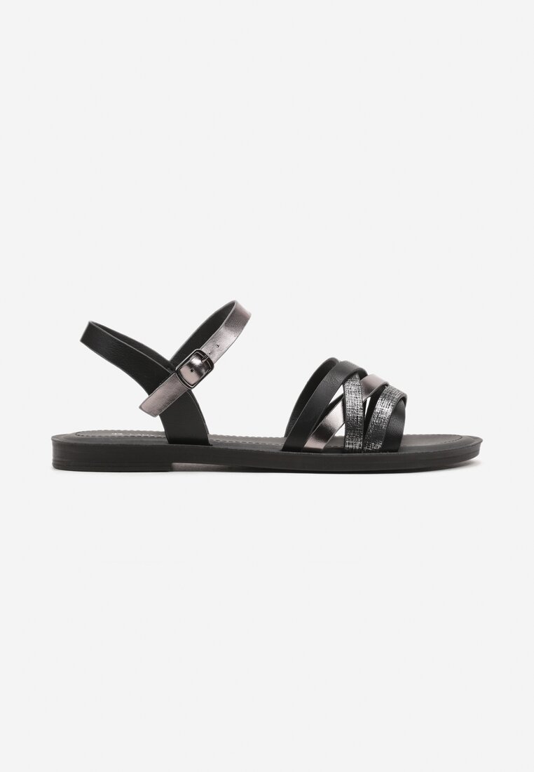 Sandale Negre cu Barete Metalice și Pietre Strass pe Talpă Joasă Halovia