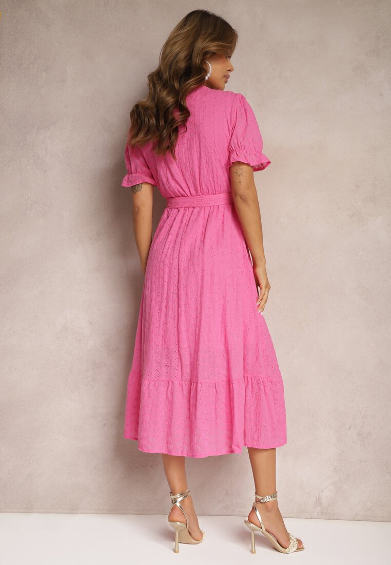 Rochie Fucsia Cloș cu Adaos de Bumbac cu Curea în Talie Cassavia