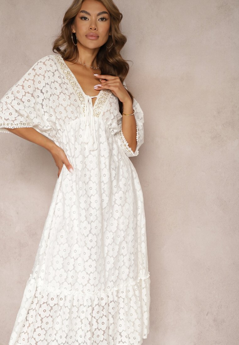 Rochie Albă cu Dantelă și Bumbac cu Fundă și Elastic în Talie Jasevia