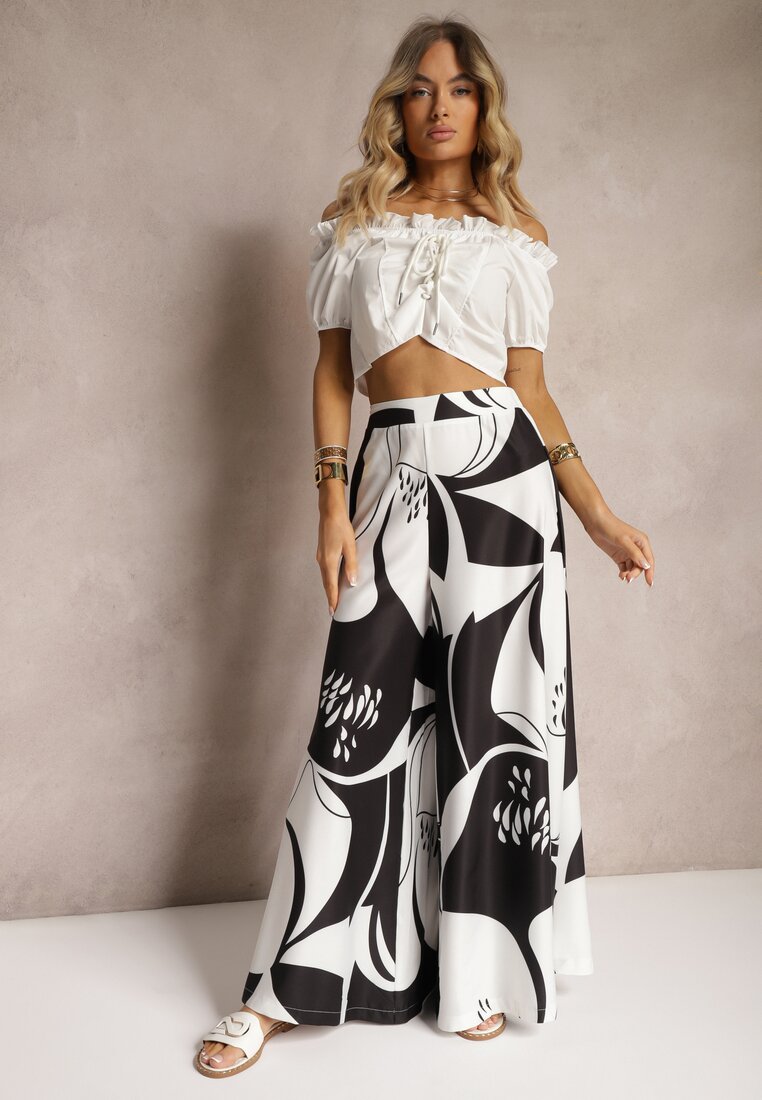Czarno-Białe Szerokie Spodnie Palazzo z Wiskozy High Waist z Gumką w Pasie Vorrlea
