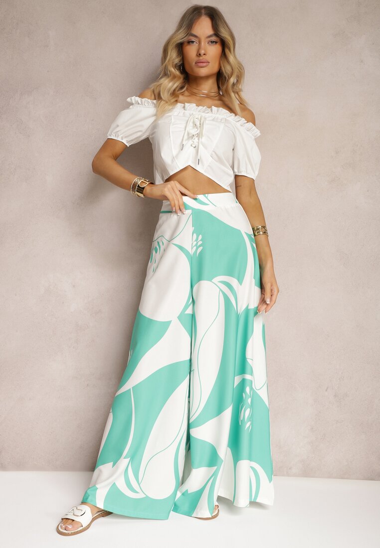 Zielono-Białe Wiskozowe Spodnie Palazzo z Gumką w Pasie High Waist Jirra