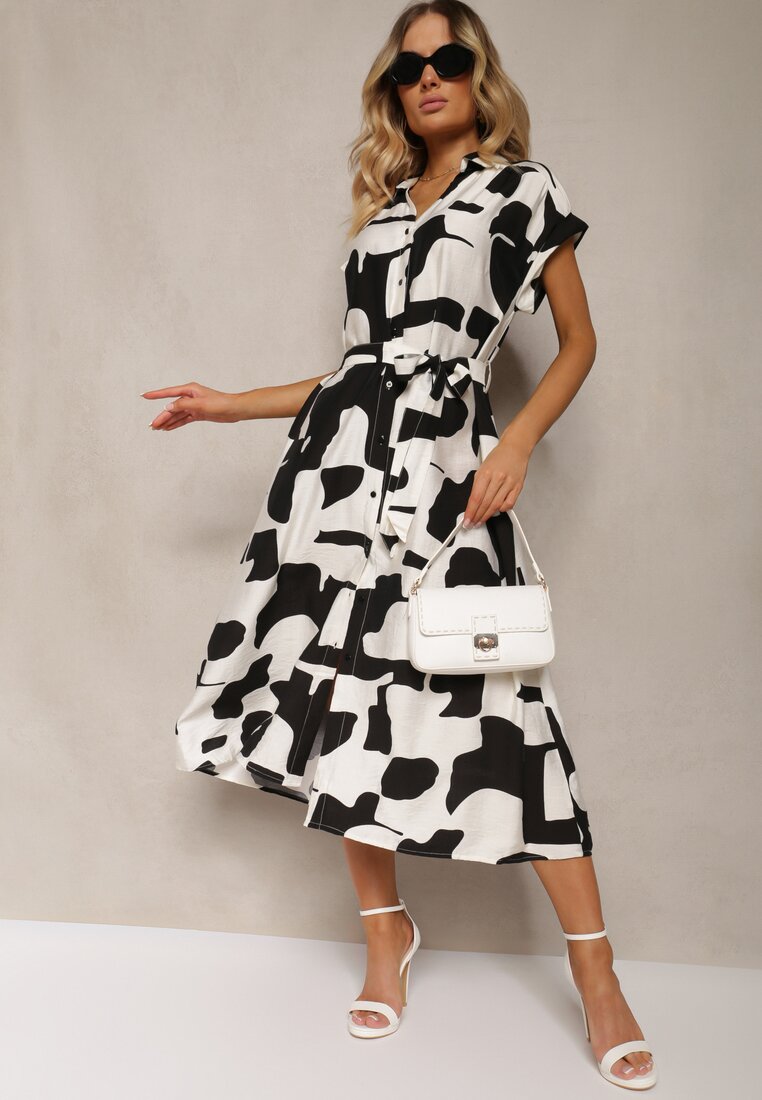 Czarno-Biała Sukienka o Koszulowym Kroju z Materiałowym Paskiem w Talii w Kolorowy Print Hilefia