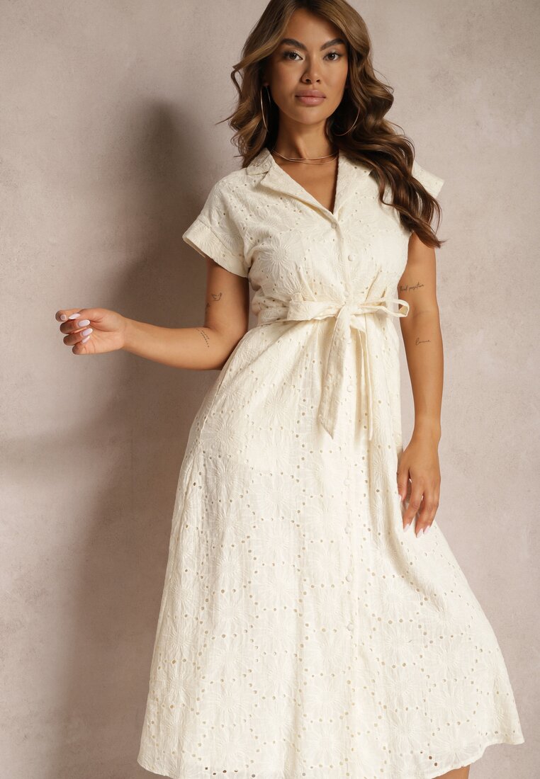 Rochie crem cloș din bumbac cu broderie și curea Ilosofia
