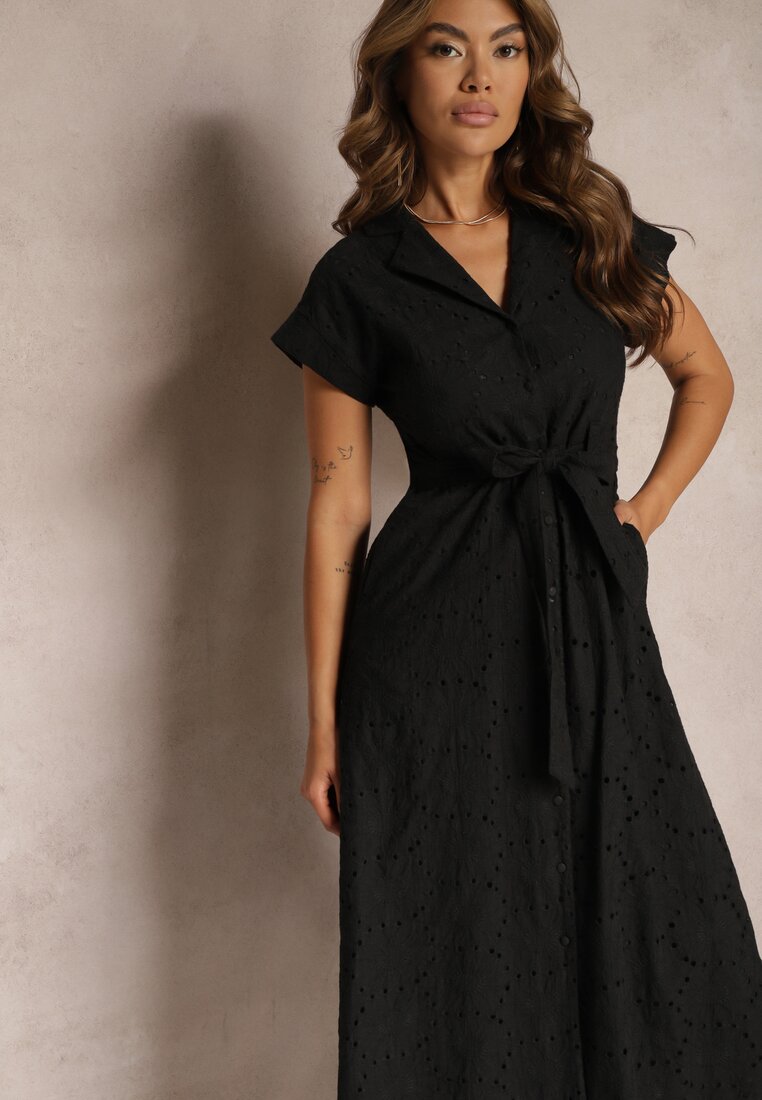 Rochie Neagră Cloș din Bumbac cu Dantelă și Curea Ilosofia