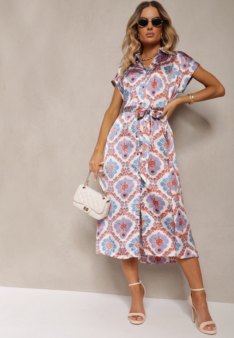 Rochie boho albastră și roz evazată cu viscoză cu croială de cămașă decorată cu curea Josofia