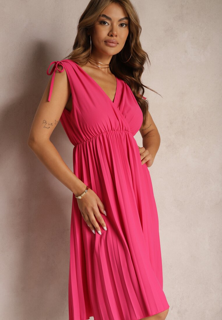 Rochie Fucsia Pliată cu Vâscoză și Bumbac cu Decolteu Triunghiular și Elastic în Talie Liramla