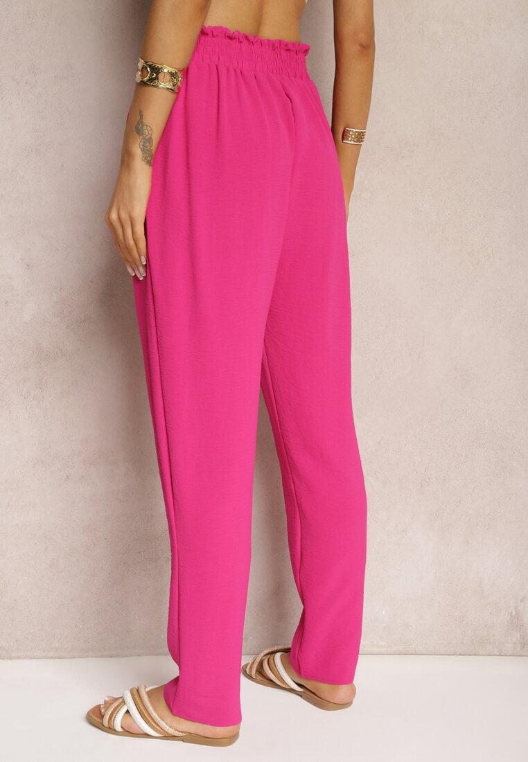 Fuksjowe Spodnie Typu Paper Bag High Waist z Gumką w Talii Salvavia