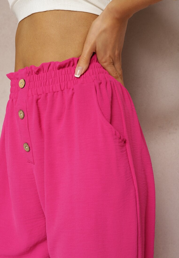 Fuksjowe Spodnie Typu Paper Bag High Waist z Gumką w Talii Salvavia