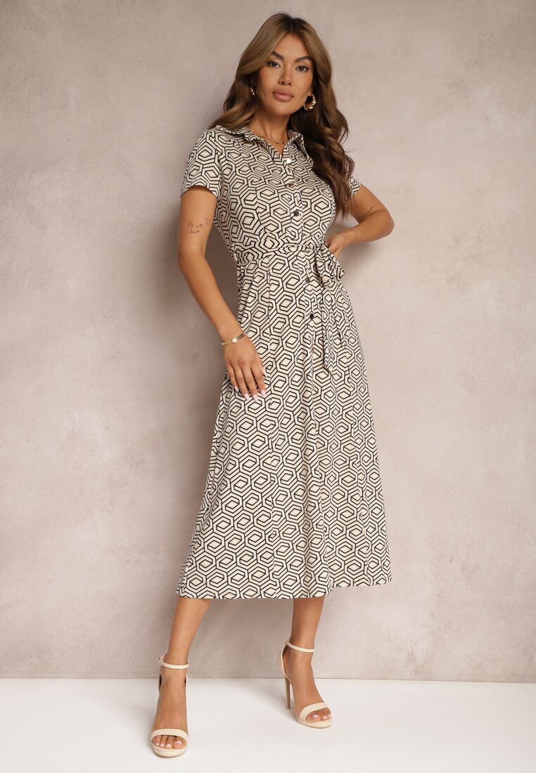 Rochie Cămașă Bej Imprimeu Geometric Cu Nasturi Xarrah