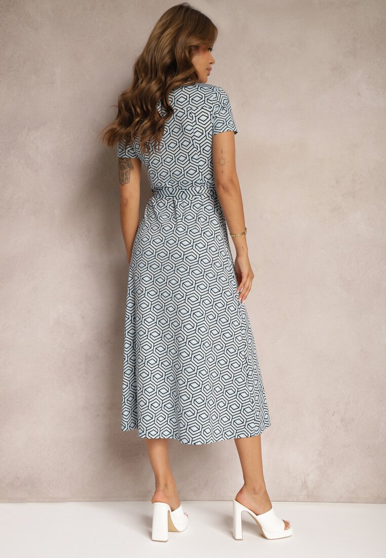 Rochie Cămașă Albastru-Alb cu Model Geometric cu Nasturi Xarrah