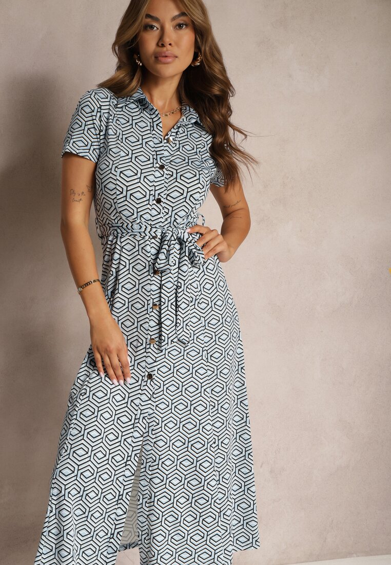 Rochie Cămașă Albastru-Alb cu Model Geometric cu Nasturi Xarrah