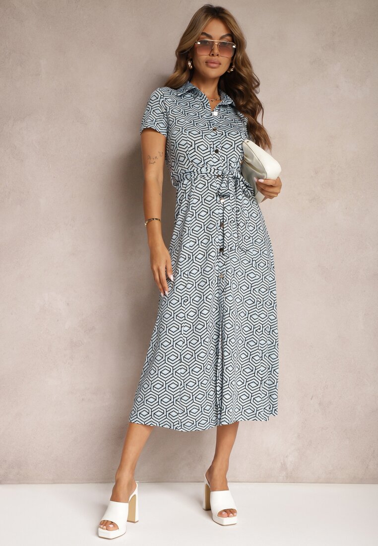 Rochie Cămașă Albastru-Alb cu Model Geometric cu Nasturi Xarrah
