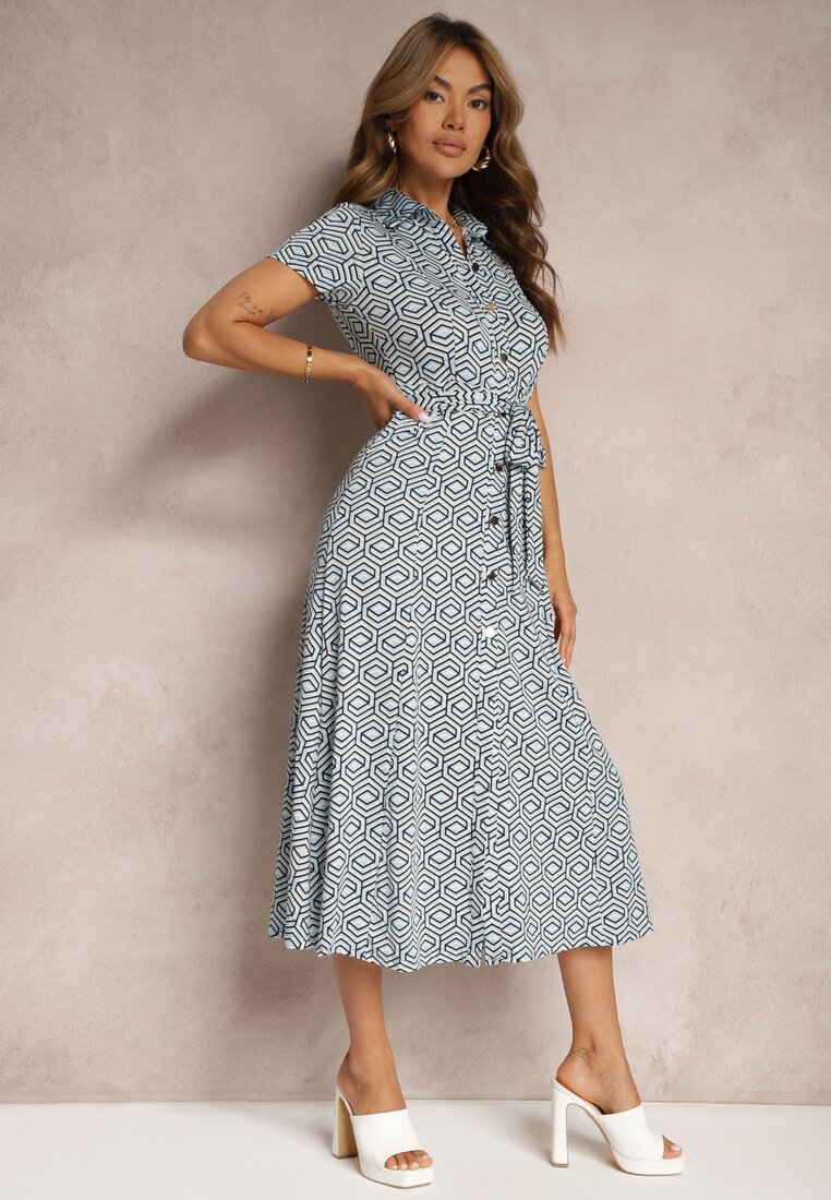 Rochie Cămașă Albastru-Alb cu Model Geometric cu Nasturi Xarrah