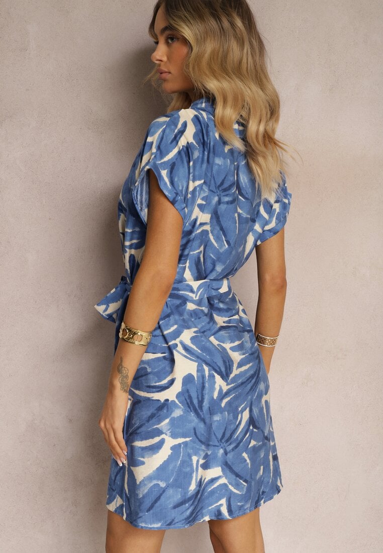 Rochie Albastră cu Croială Dreaptă și Curea din Material cu Imprimeu Floral Sevia