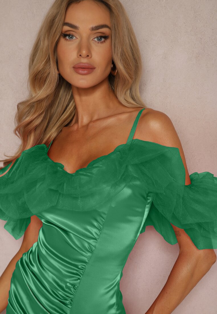 Rochie Satinată Verde cu Volane din Tul și Încrețire pe Bretele Tinamell
