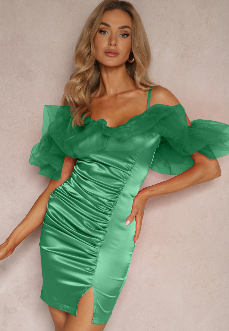 Rochie Satinată Verde cu Volane din Tul și Încrețire pe Bretele Tinamell