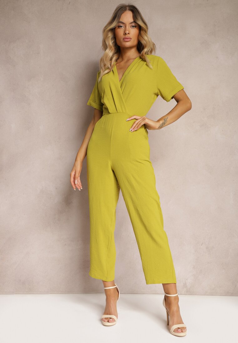 Jasnozielony Kombinezon z Kopertowym Dekoltem i Krótkimi Rękawami z Wiskozą Coridsa