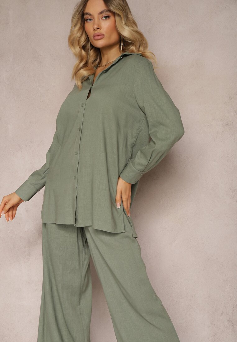 Set Verde Viscoză Pantaloni Largi cu Elastic în Talie Cămașă cu Nasturi Tinamars