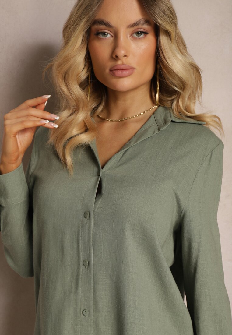 Set Verde Viscoză Pantaloni Largi cu Elastic în Talie Cămașă cu Nasturi Tinamars