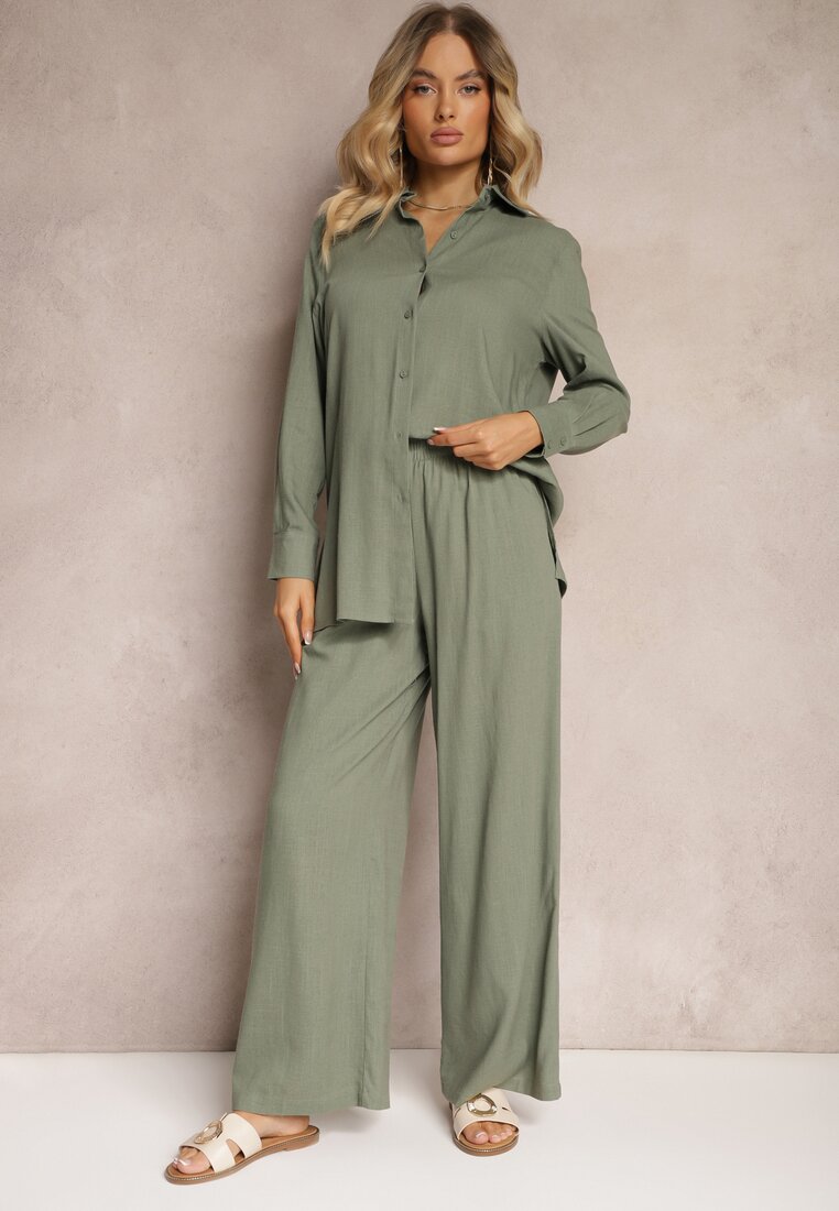Set Verde Viscoză Pantaloni Largi cu Elastic în Talie Cămașă cu Nasturi Tinamars