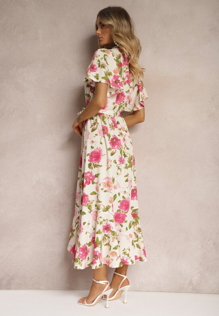 Rochie bej-roz cu cloș evazată cu volan și elastic în talie cu curea Iratia
