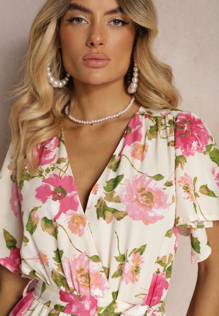 Rochie bej-roz cu cloș evazată cu volan și elastic în talie cu curea Iratia