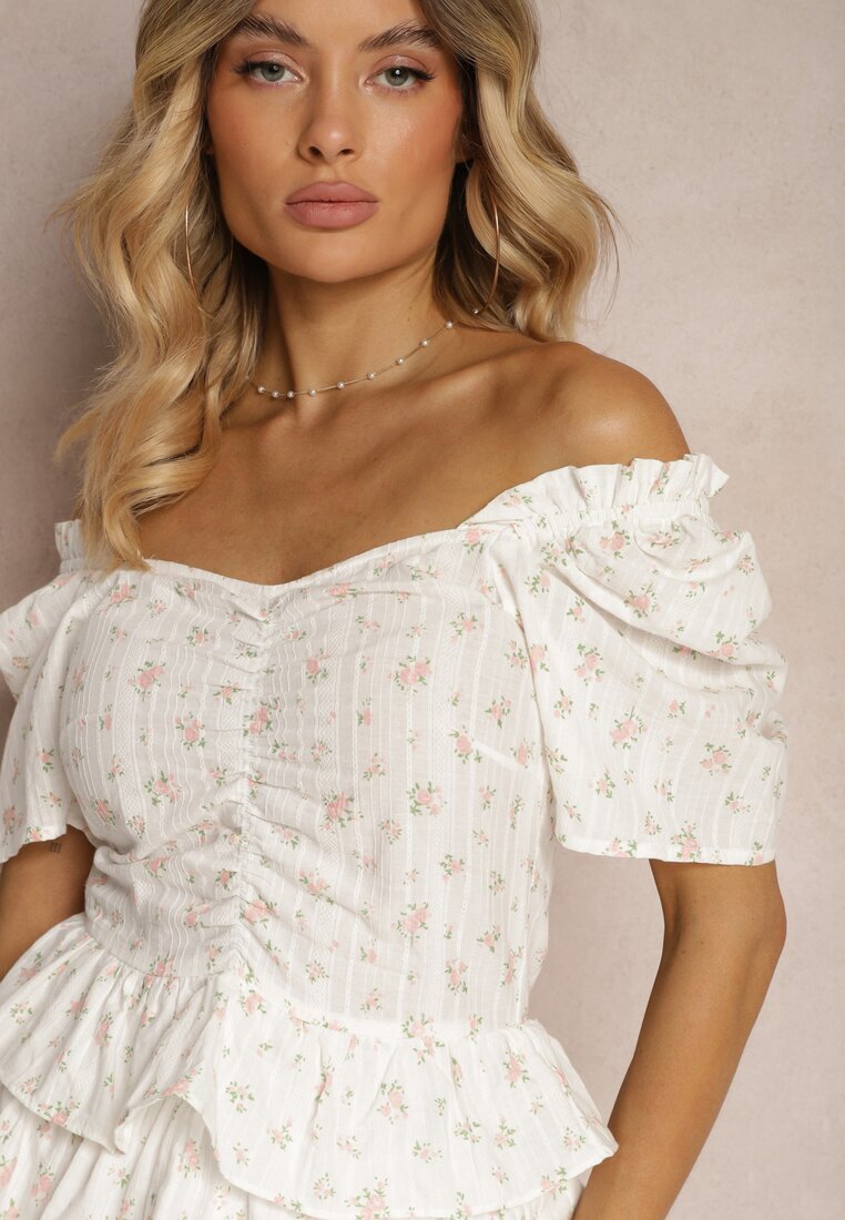 Rochie din Bumbac Cloș Albă cu Elastic în Talie cu Flori Mici Timariah