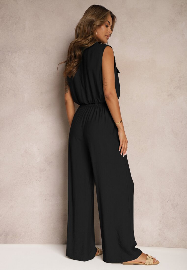 Set Negru din Viscoză Pantaloni Largi cu Elastic în Talie Bluză cu Buzunare Risellesma