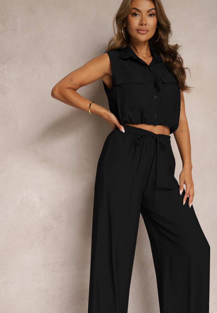 Set Negru din Viscoză Pantaloni Largi cu Elastic în Talie Bluză cu Buzunare Risellesma