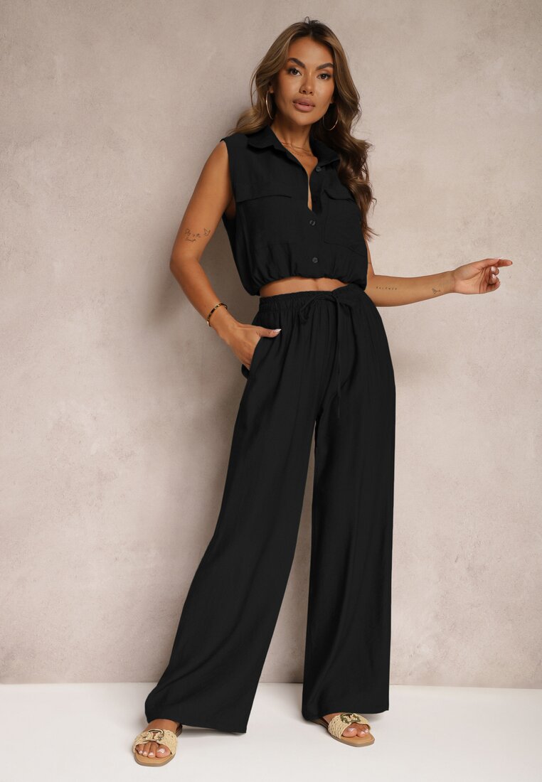 Set Negru din Viscoză Pantaloni Largi cu Elastic în Talie Bluză cu Buzunare Risellesma