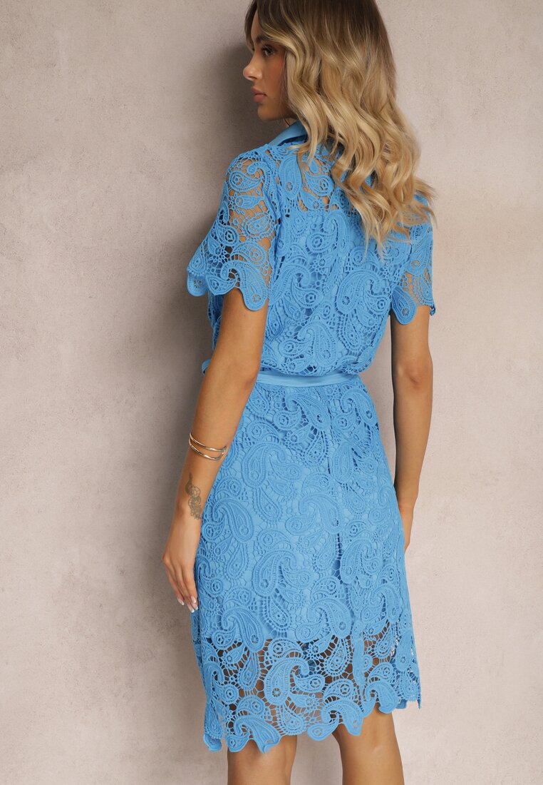 Rochie Cămașă Midi din Dantelă Albastră cu Curea Azariela