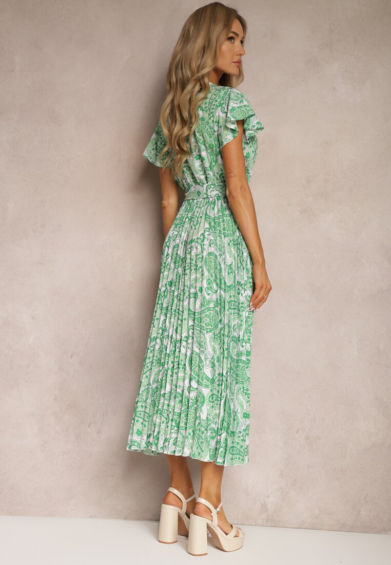 Rochie Verde Cloș cu Decolteu Triunghiular cu Curea din Material și Elastic în Talie Carimi