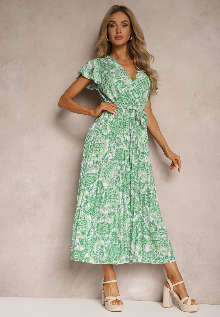 Rochie Verde Cloș cu Decolteu Triunghiular cu Curea din Material și Elastic în Talie Carimi