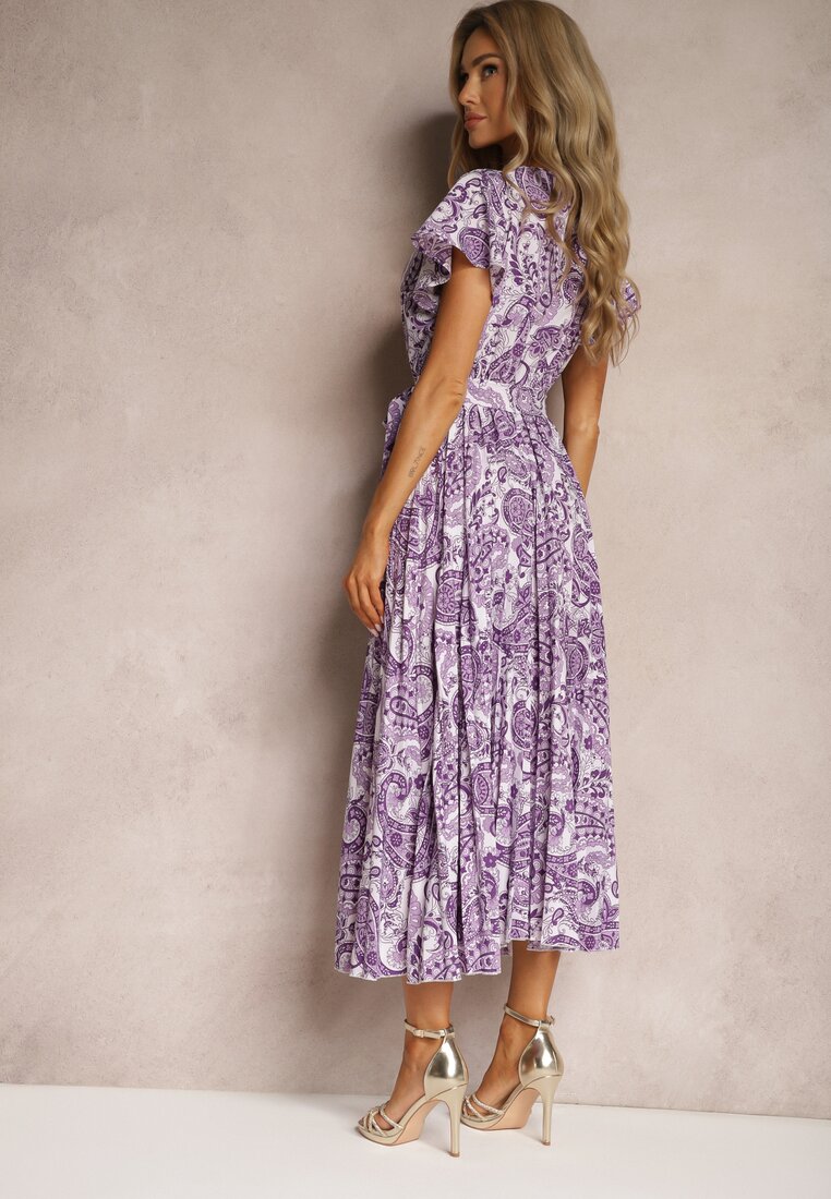 Rochie Violetă Cloș cu Decolteu Triunghiular cu Curea din Material și Elastic în Talie Carimi