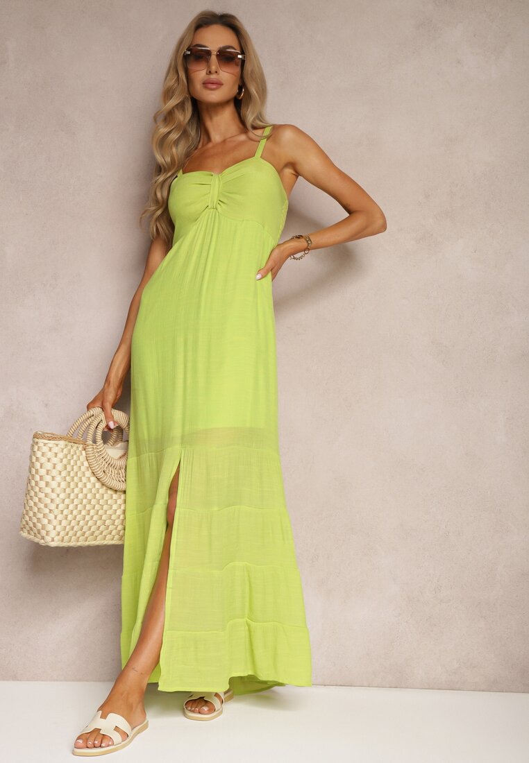 Rochie verde deschis cu adaos de bumbac pe bretele cu reglare și elastic în spate Tinanoras