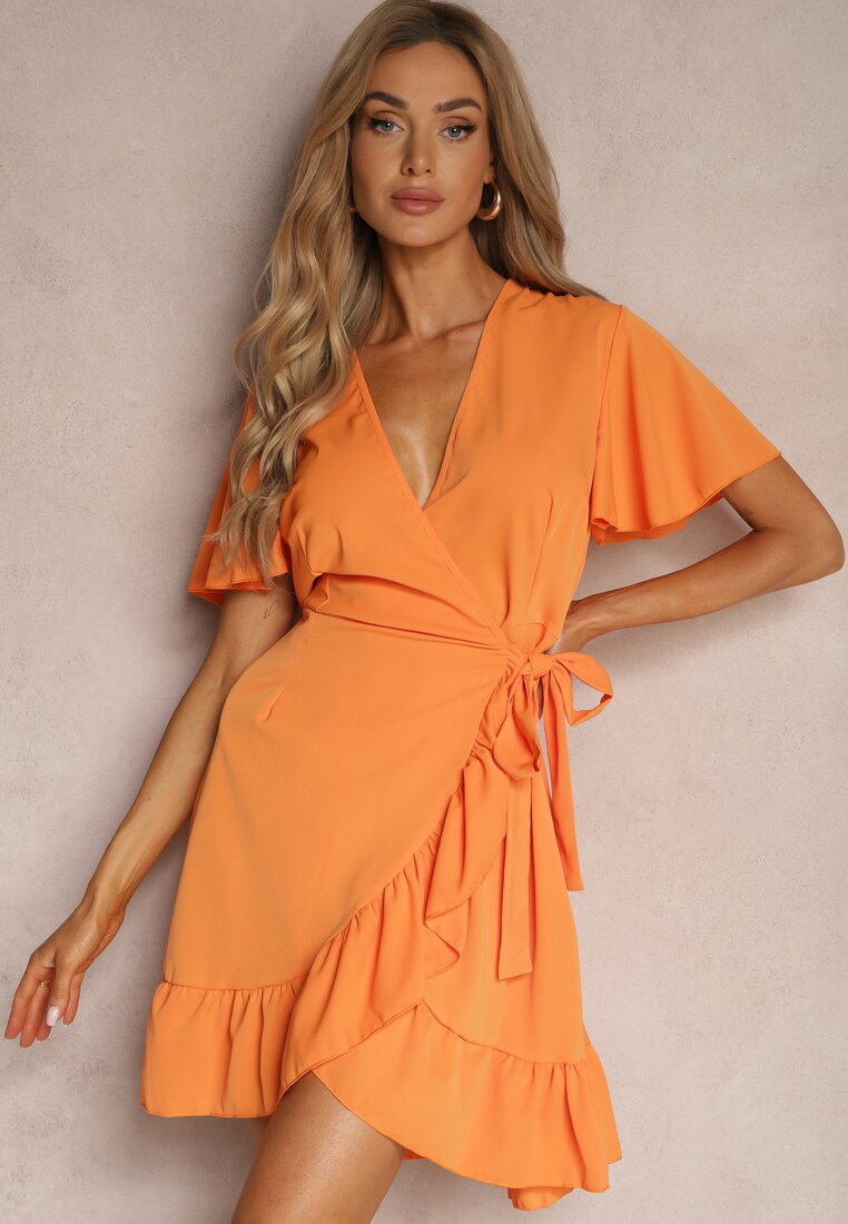Rochie portocalie tip plic cu volan decorativ Tinanis
