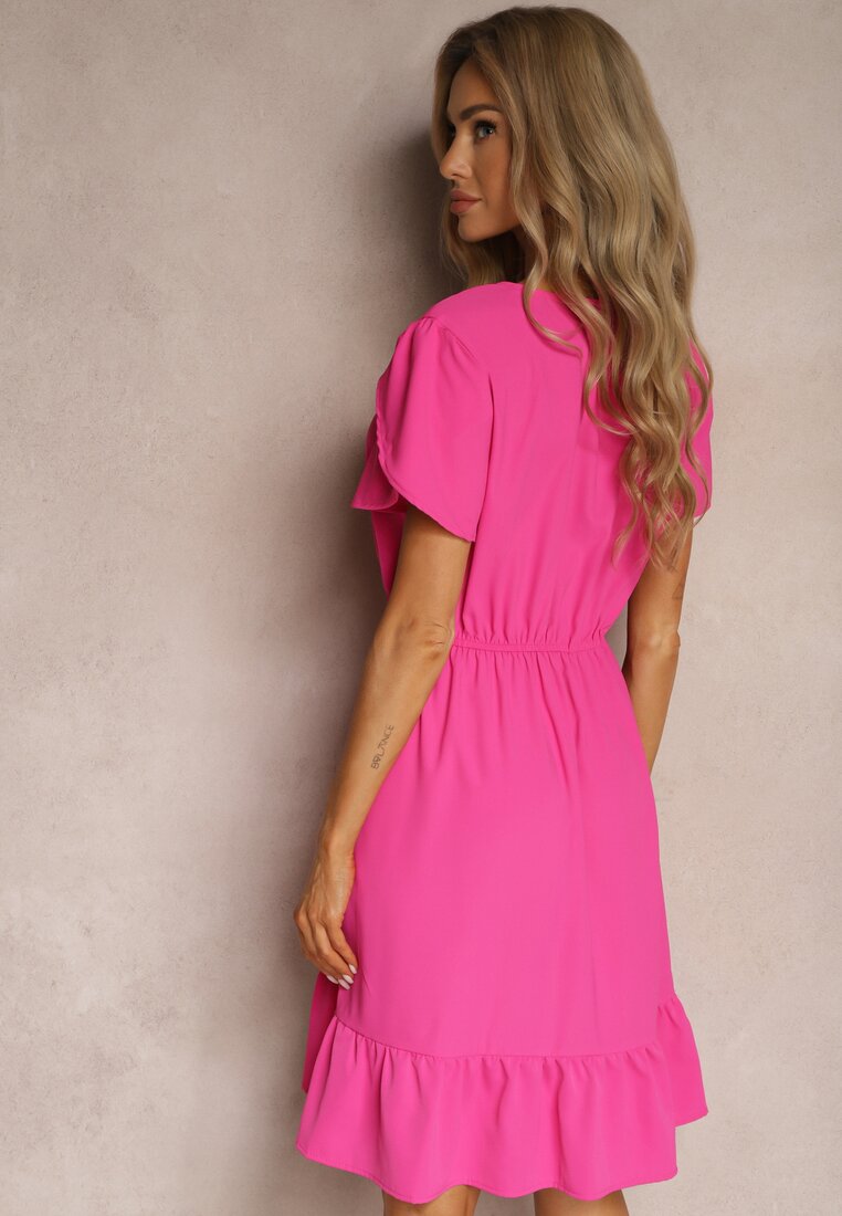 Rochie Fucsia cu Elastic în Talie și Volane cu Croială Cloș Xelimia