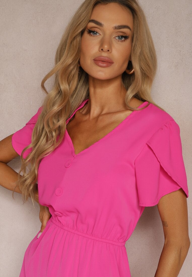 Rochie Fucsia cu Elastic în Talie și Volane cu Croială Cloș Xelimia