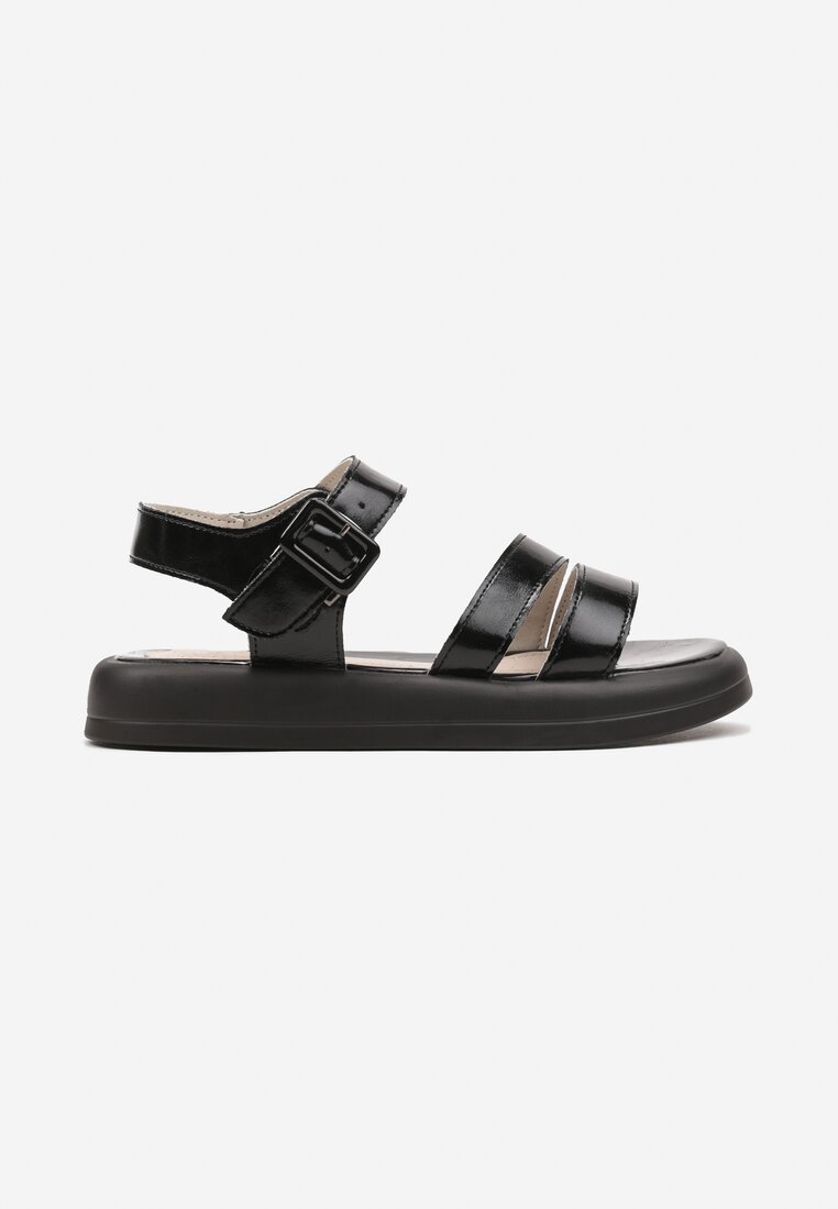 Sandale Negre din Piele cu Talpă Joasă și Cataramă Gamadea