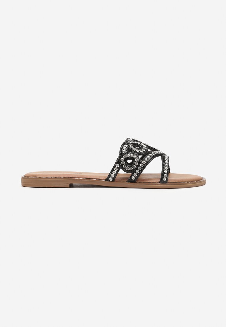Papuci Negre cu Bareta Decorativă cu Decupaje și Pietre Strass Jeslifea