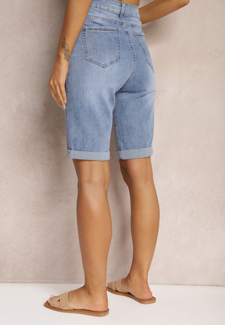 Niebieskie Szorty Jeansowe High Waist z Dodatkiem Bawełny i Przetarciami Nelvanis