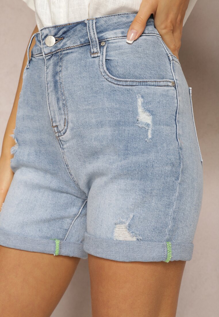 Niebieskie Jeansowe Szorty z Bawełny High Waist Wykończone Przetarciami Nellsine