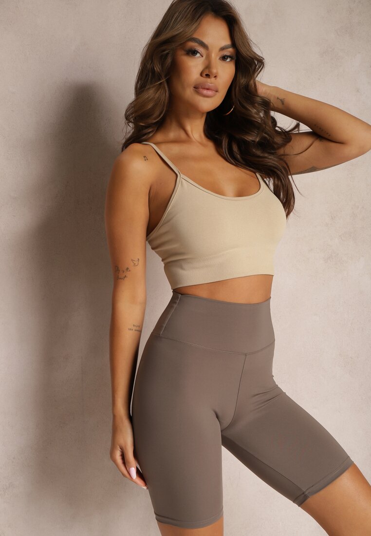 Brązowe Szorty Kolarki High Waist z Gumką w Talii Xelfea