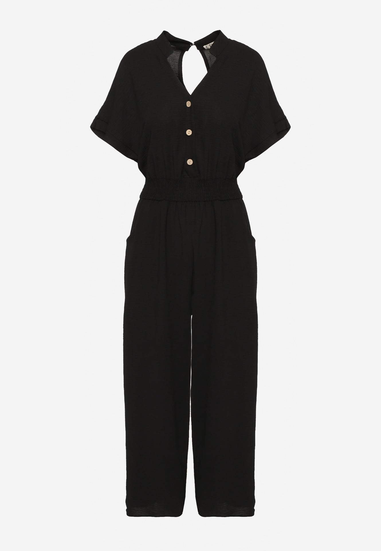 Czarny Taliowany Kombinezon z Wiskozy Zapinany na Guziki Frisea